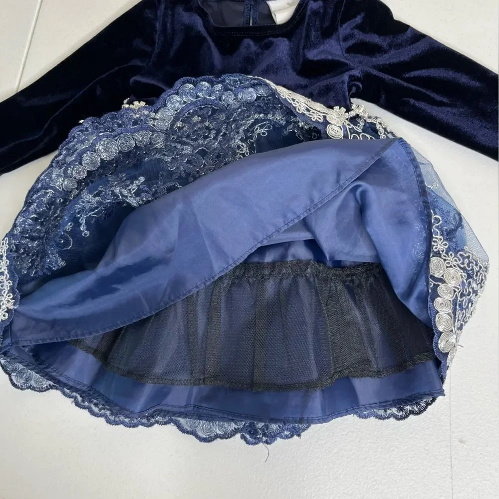 Rare Editions Navy Blue Velvet Lace Rhinestone Dress Bottom Set Girls 6-9 Months